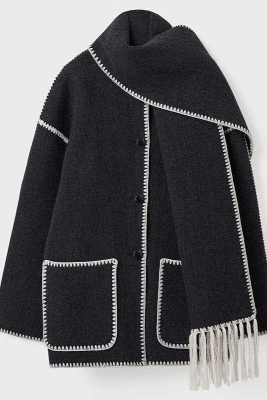 Abrigo con Bufanda de Flecos en Color Ciervo